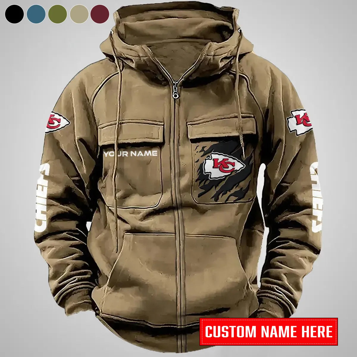 Kansas City Chiefs New Personalized Multi-Pockets Zip-Up Hoodie AZBTMZUHD000008