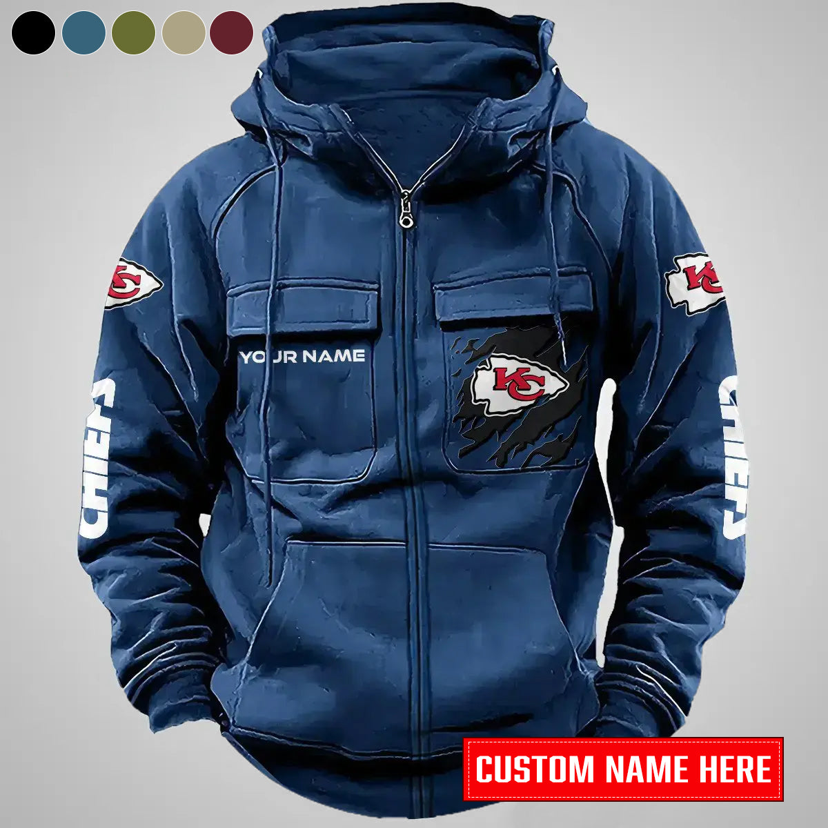 Kansas City Chiefs New Personalized Multi-Pockets Zip-Up Hoodie AZBTMZUHD000008
