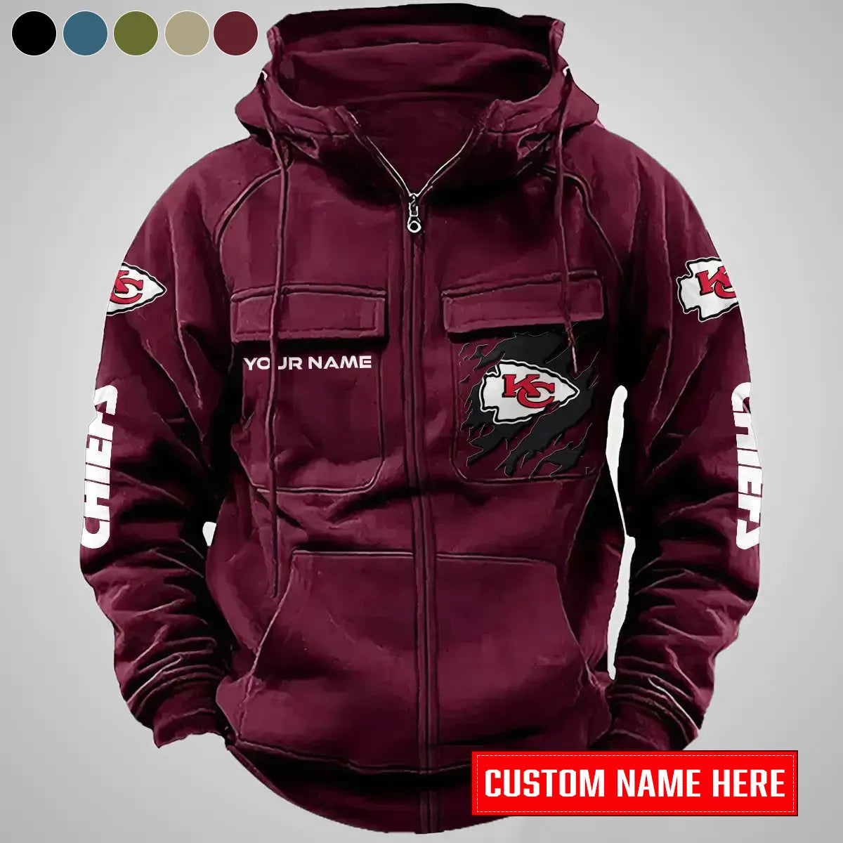 Kansas City Chiefs New Personalized Multi-Pockets Zip-Up Hoodie AZBTMZUHD000008
