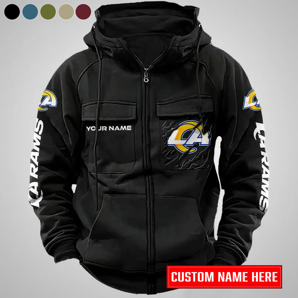 Los Angeles Rams New Personalized Multi-Pockets Zip-Up Hoodie AZBTMZUHD000011