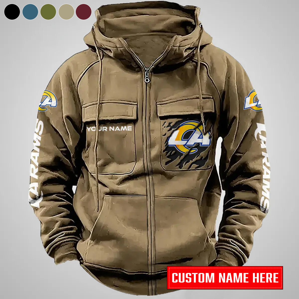 Los Angeles Rams New Personalized Multi-Pockets Zip-Up Hoodie AZBTMZUHD000011