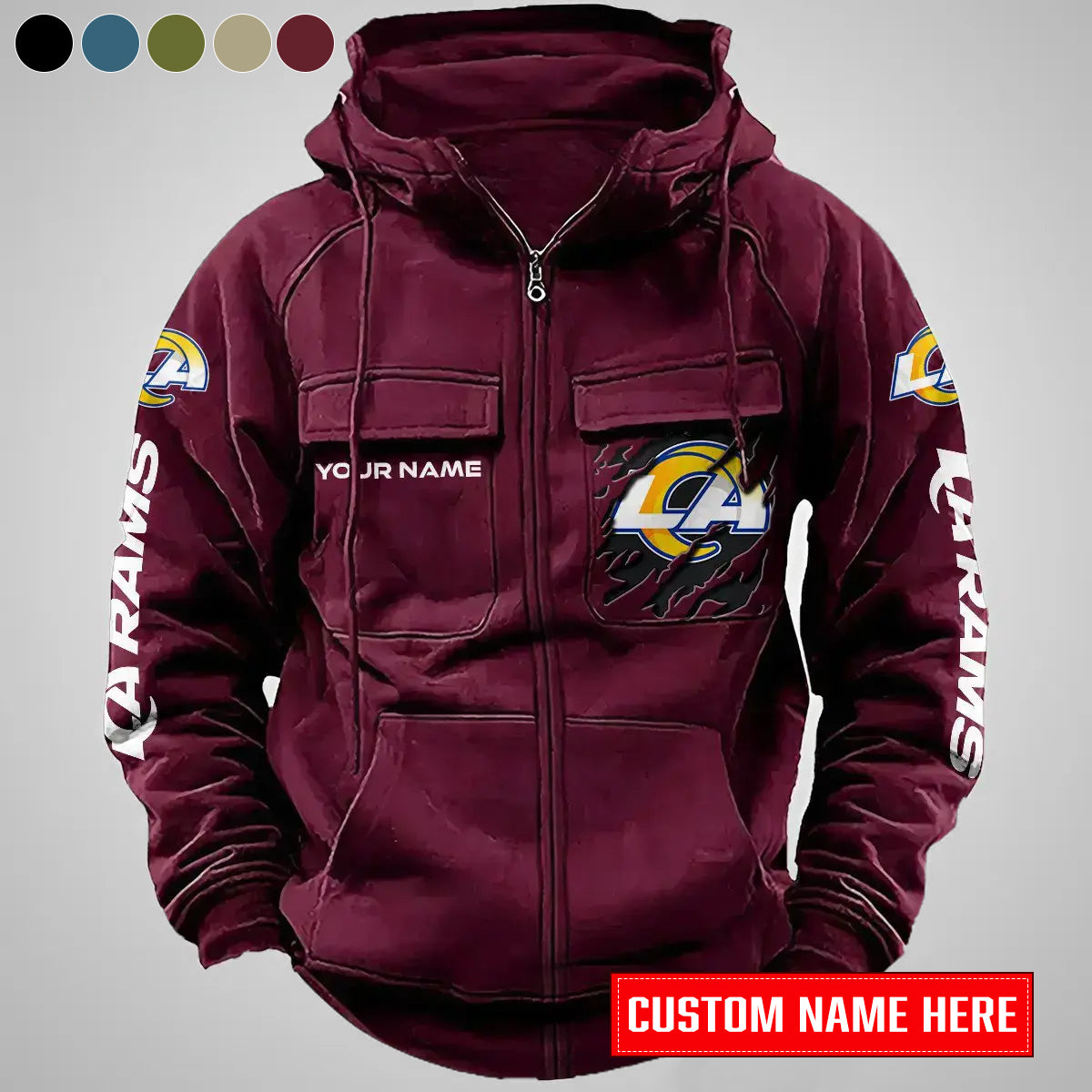Los Angeles Rams New Personalized Multi-Pockets Zip-Up Hoodie AZBTMZUHD000011
