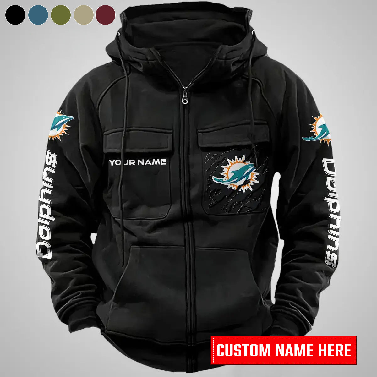 Miami Dolphins New Personalized Multi-Pockets Zip-Up Hoodie AZBTMZUHD000012