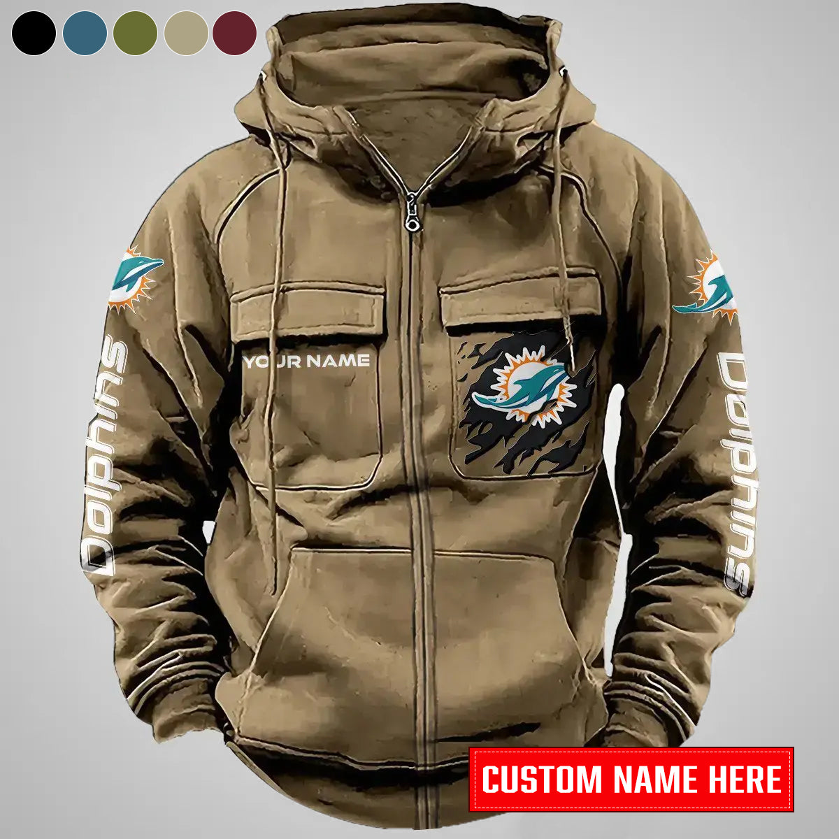 Miami Dolphins New Personalized Multi-Pockets Zip-Up Hoodie AZBTMZUHD000012