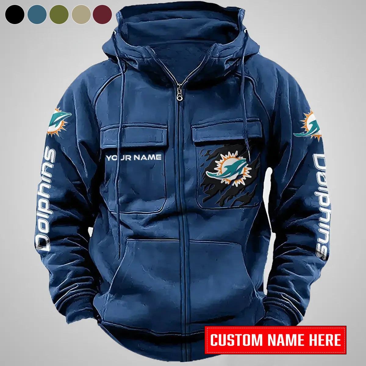Miami Dolphins New Personalized Multi-Pockets Zip-Up Hoodie AZBTMZUHD000012