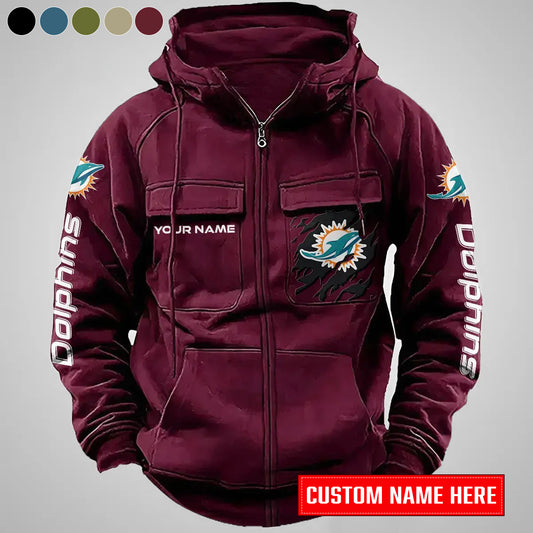 Miami Dolphins New Personalized Multi-Pockets Zip-Up Hoodie AZBTMZUHD000012