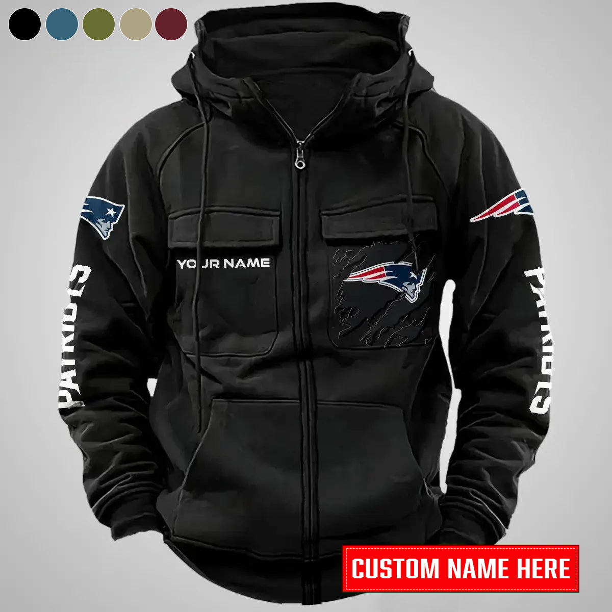 New England Patriots New Personalized Multi-Pockets Zip-Up Hoodie AZBTMZUHD000014