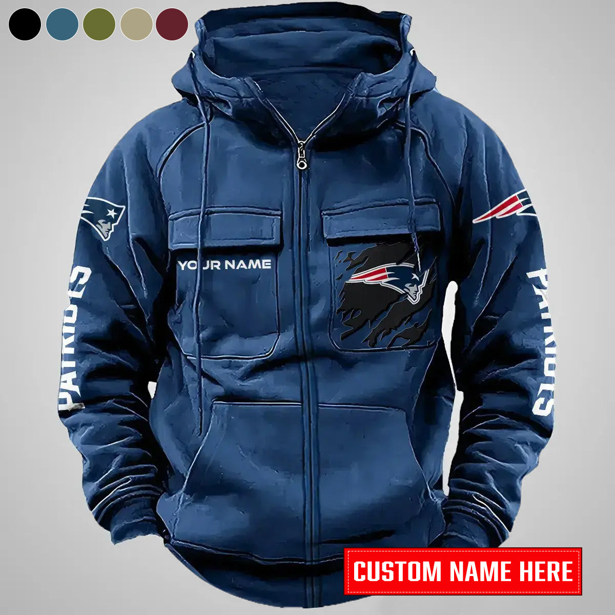 New England Patriots New Personalized Multi-Pockets Zip-Up Hoodie AZBTMZUHD000014