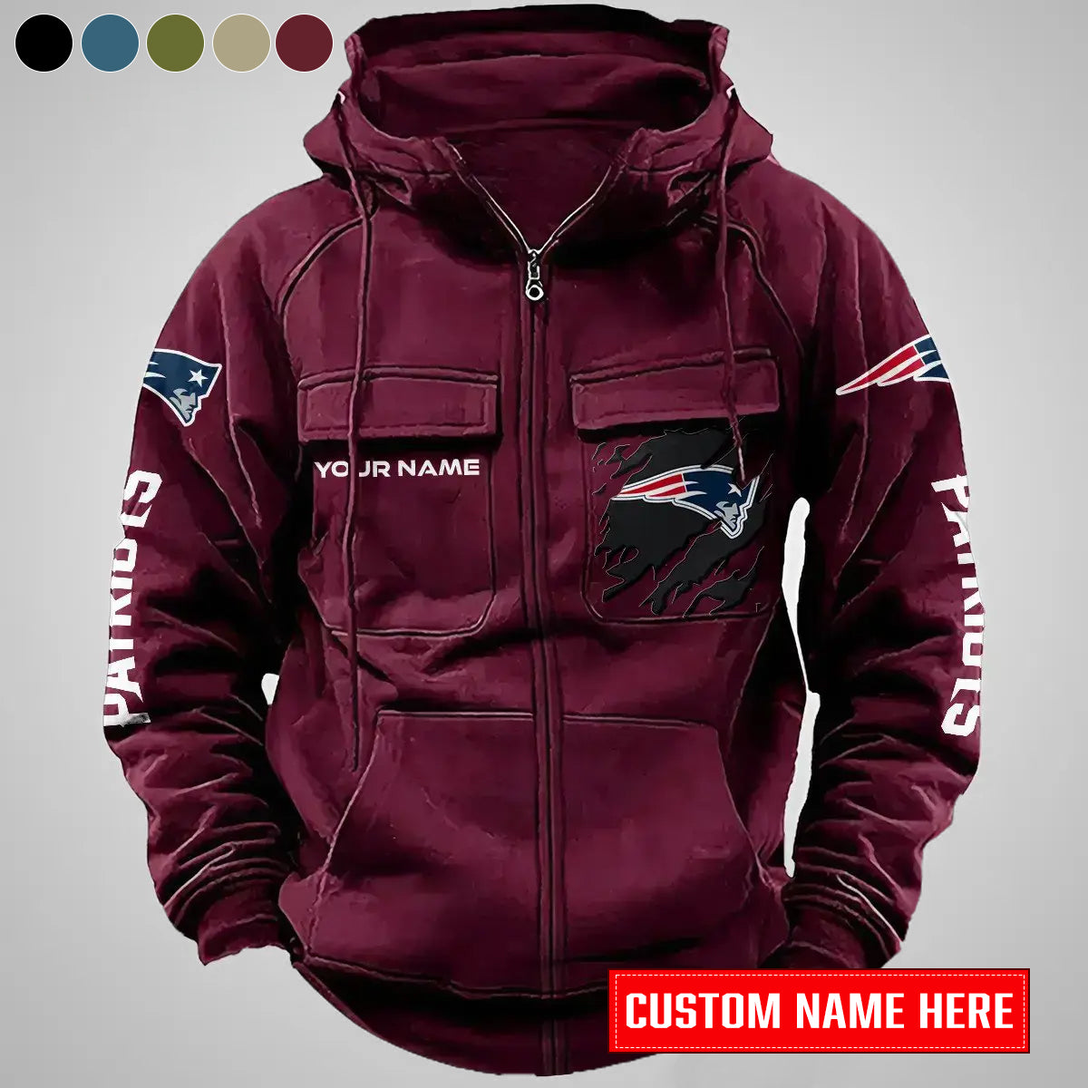 New England Patriots New Personalized Multi-Pockets Zip-Up Hoodie AZBTMZUHD000014