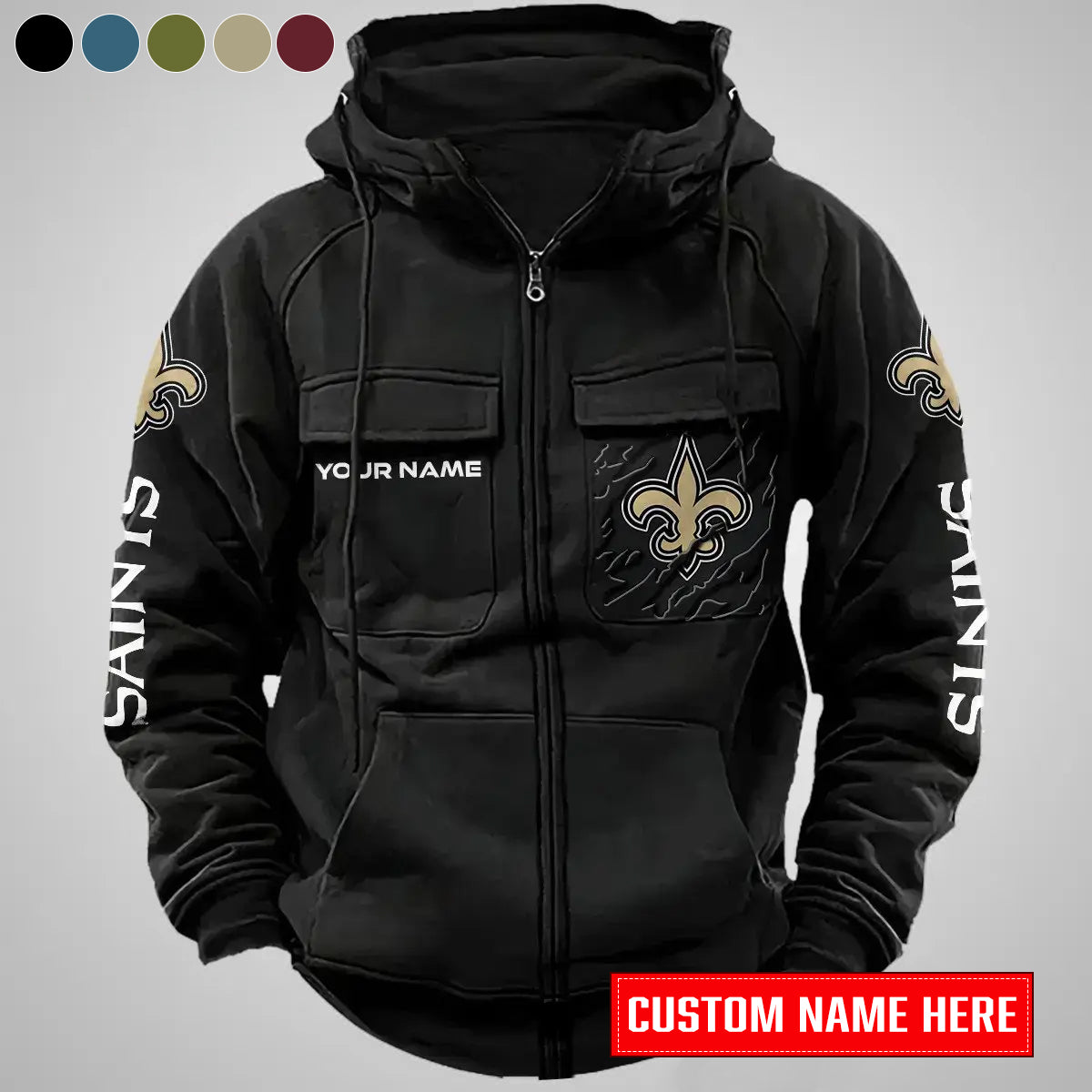 New Orleans Saints New Personalized Multi-Pockets Zip-Up Hoodie AZBTMZUHD000015