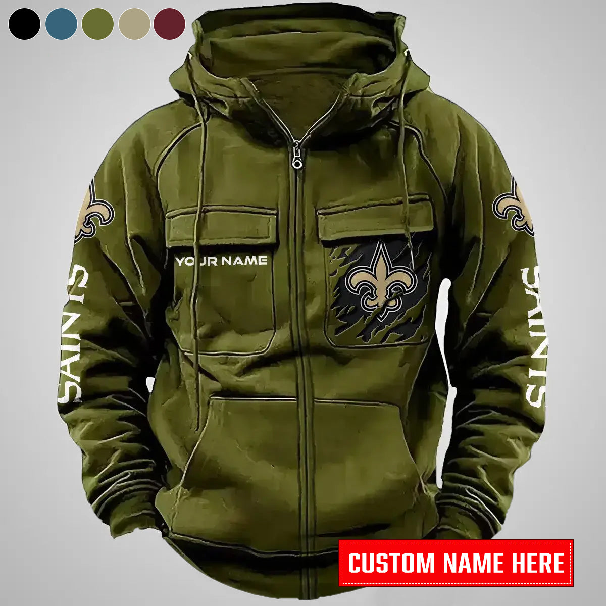 New Orleans Saints New Personalized Multi-Pockets Zip-Up Hoodie AZBTMZUHD000015