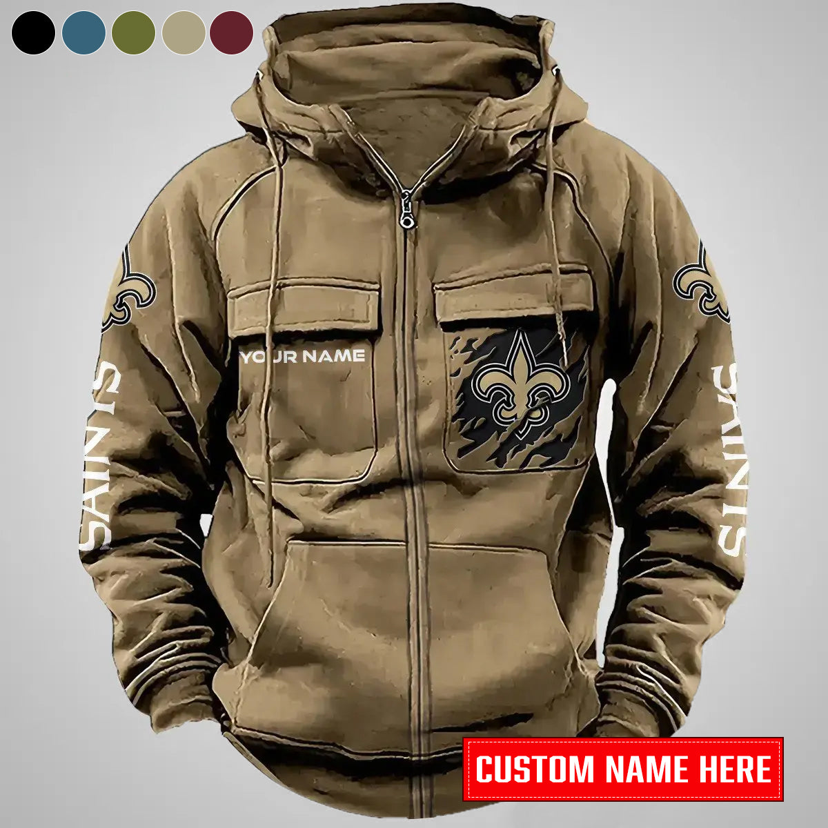 New Orleans Saints New Personalized Multi-Pockets Zip-Up Hoodie AZBTMZUHD000015