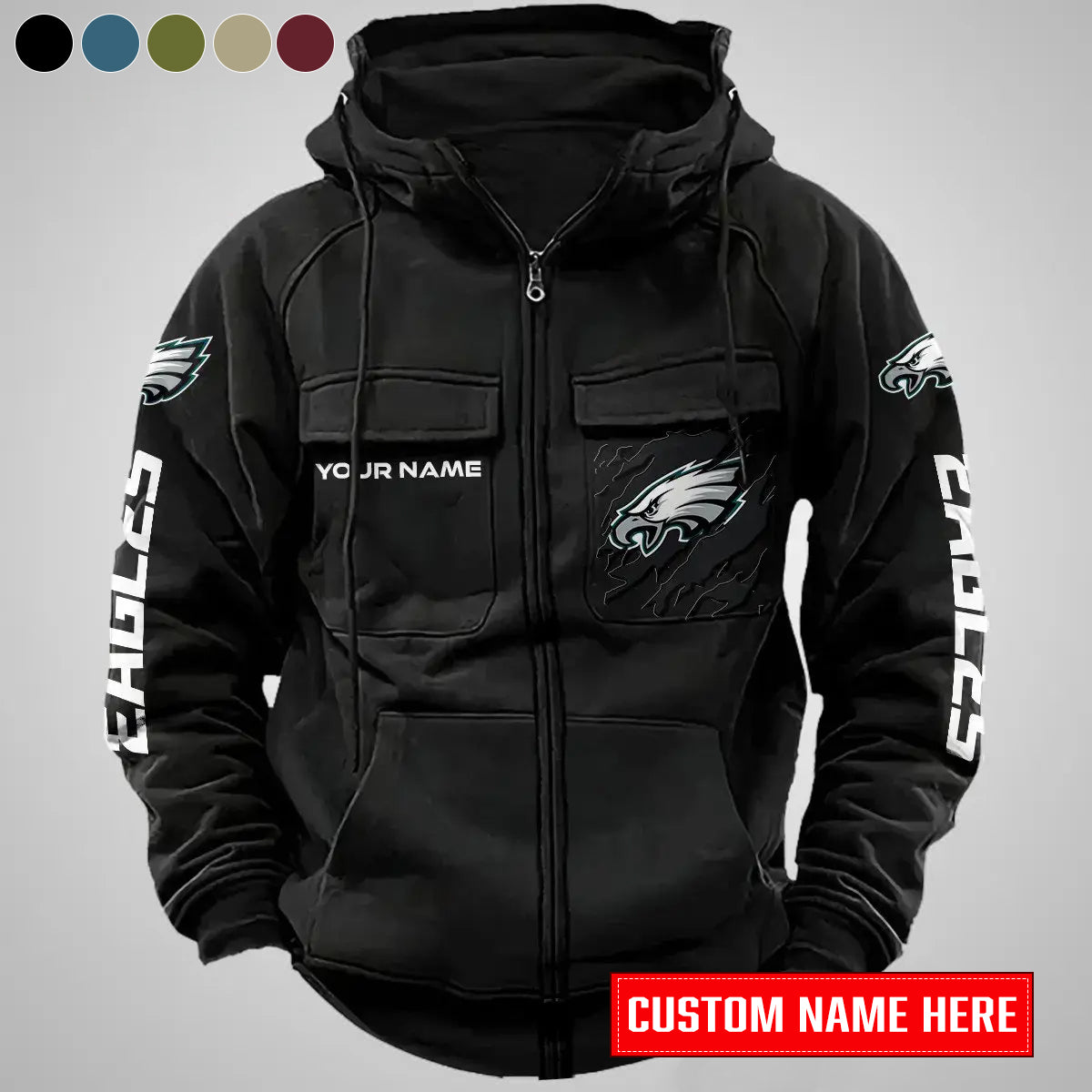 Philadelphia Eagles New Personalized Multi-Pockets Zip-Up Hoodie AZBTMZUHD000017