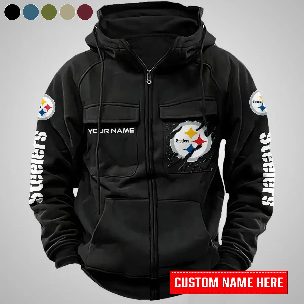 Pittsburgh Steelers New Personalized Multi-Pockets Zip-Up Hoodie AZBTMZUHD000020