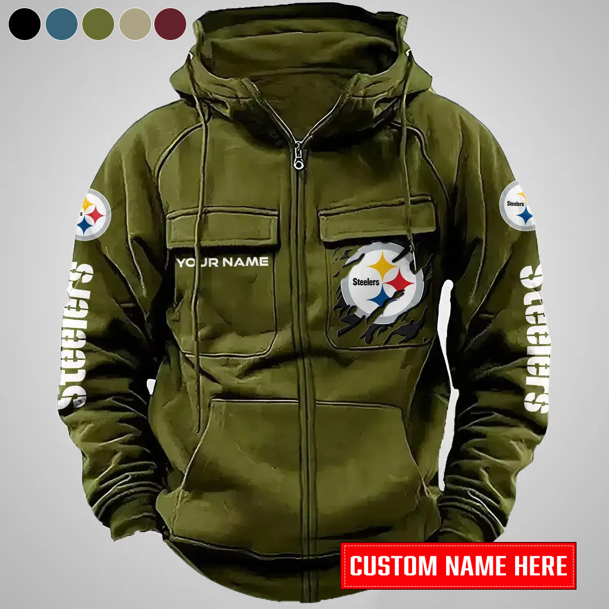 Pittsburgh Steelers New Personalized Multi-Pockets Zip-Up Hoodie AZBTMZUHD000020
