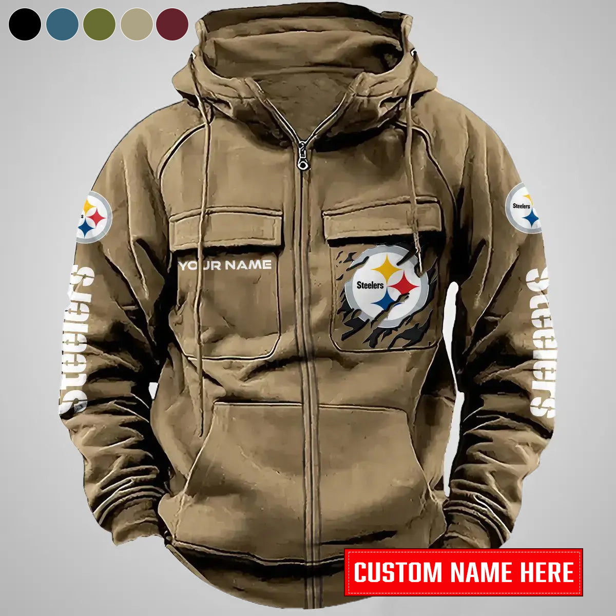 Pittsburgh Steelers New Personalized Multi-Pockets Zip-Up Hoodie AZBTMZUHD000020