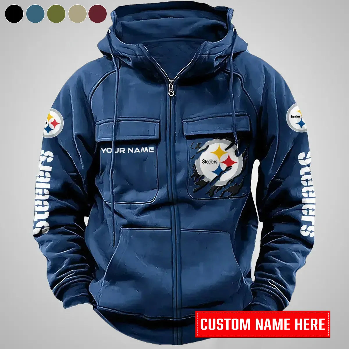 Pittsburgh Steelers New Personalized Multi-Pockets Zip-Up Hoodie AZBTMZUHD000020