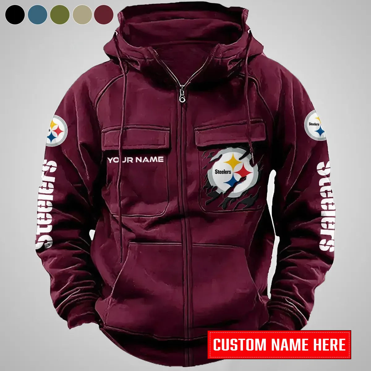 Pittsburgh Steelers New Personalized Multi-Pockets Zip-Up Hoodie AZBTMZUHD000020