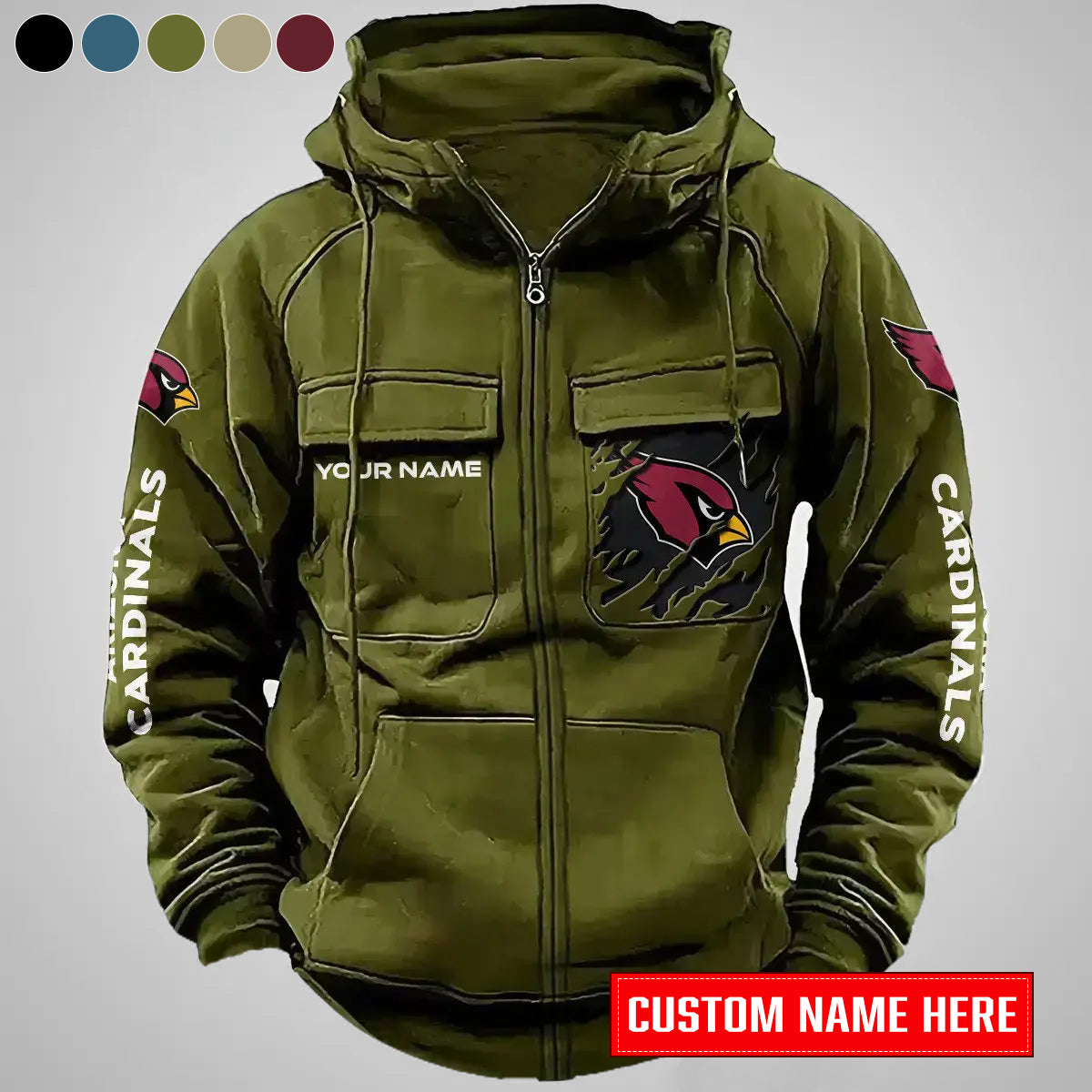 Arizona Cardinals New Personalized Multi-Pockets Zip-Up Hoodie AZBTMZUHD000044