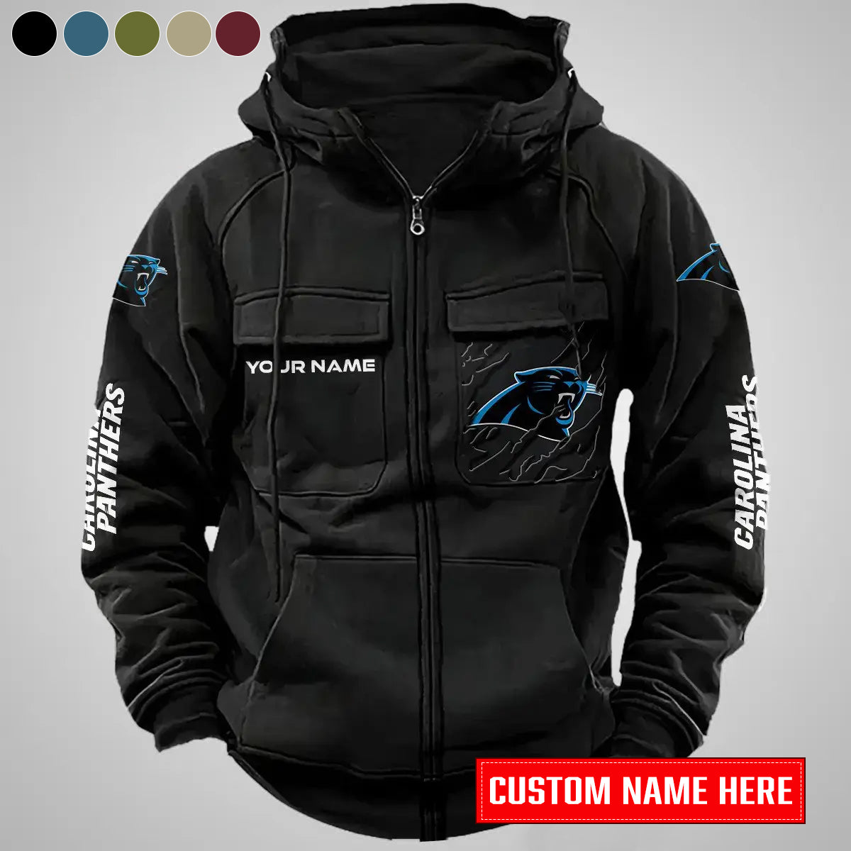 Carolina Panthers New Personalized Multi-Pockets Zip-Up Hoodie AZBTMZUHD000046