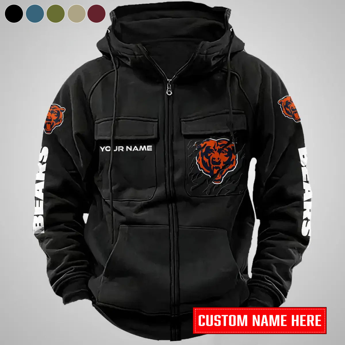 Chicago Bears New Personalized Multi-Pockets Zip-Up Hoodie AZBTMZUHD000047