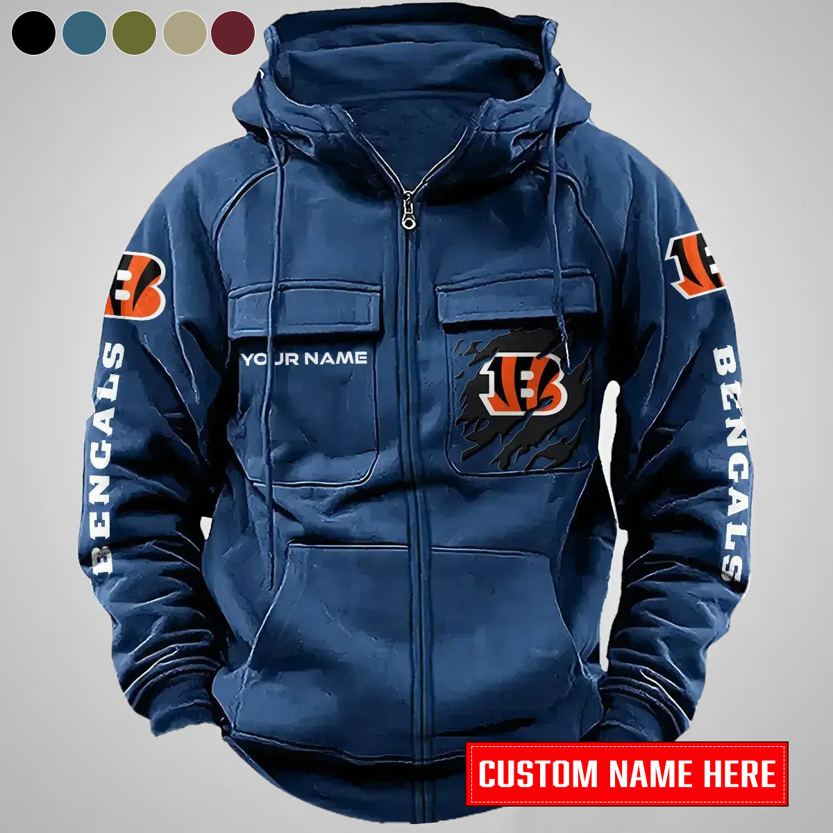 Cincinnati Bengals New Personalized Multi-Pockets Zip-Up Hoodie AZBTMZUHD000048