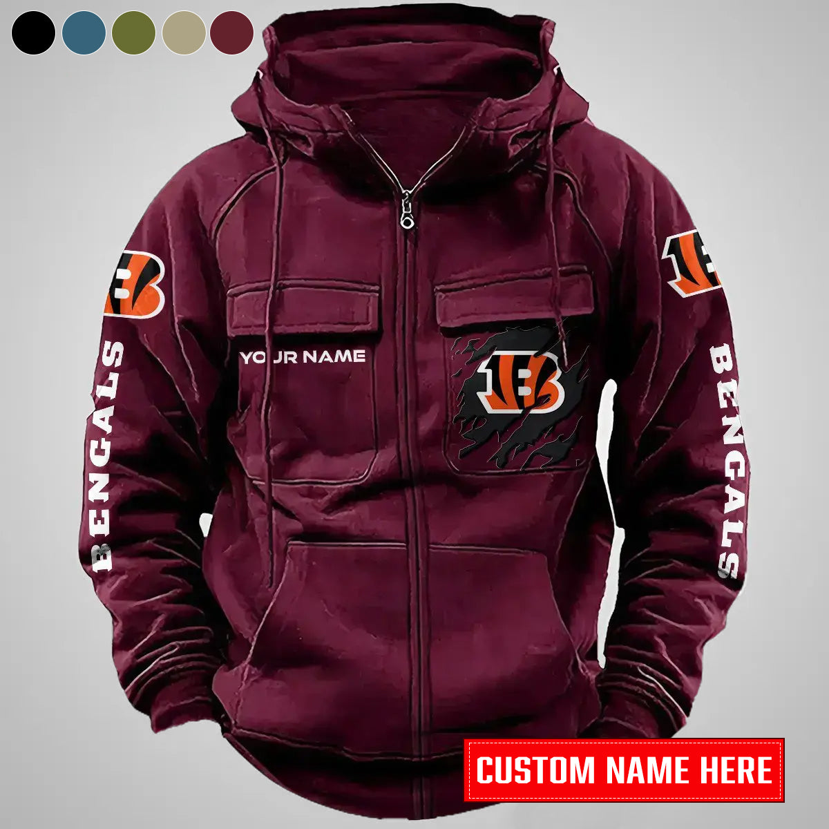 Cincinnati Bengals New Personalized Multi-Pockets Zip-Up Hoodie AZBTMZUHD000048