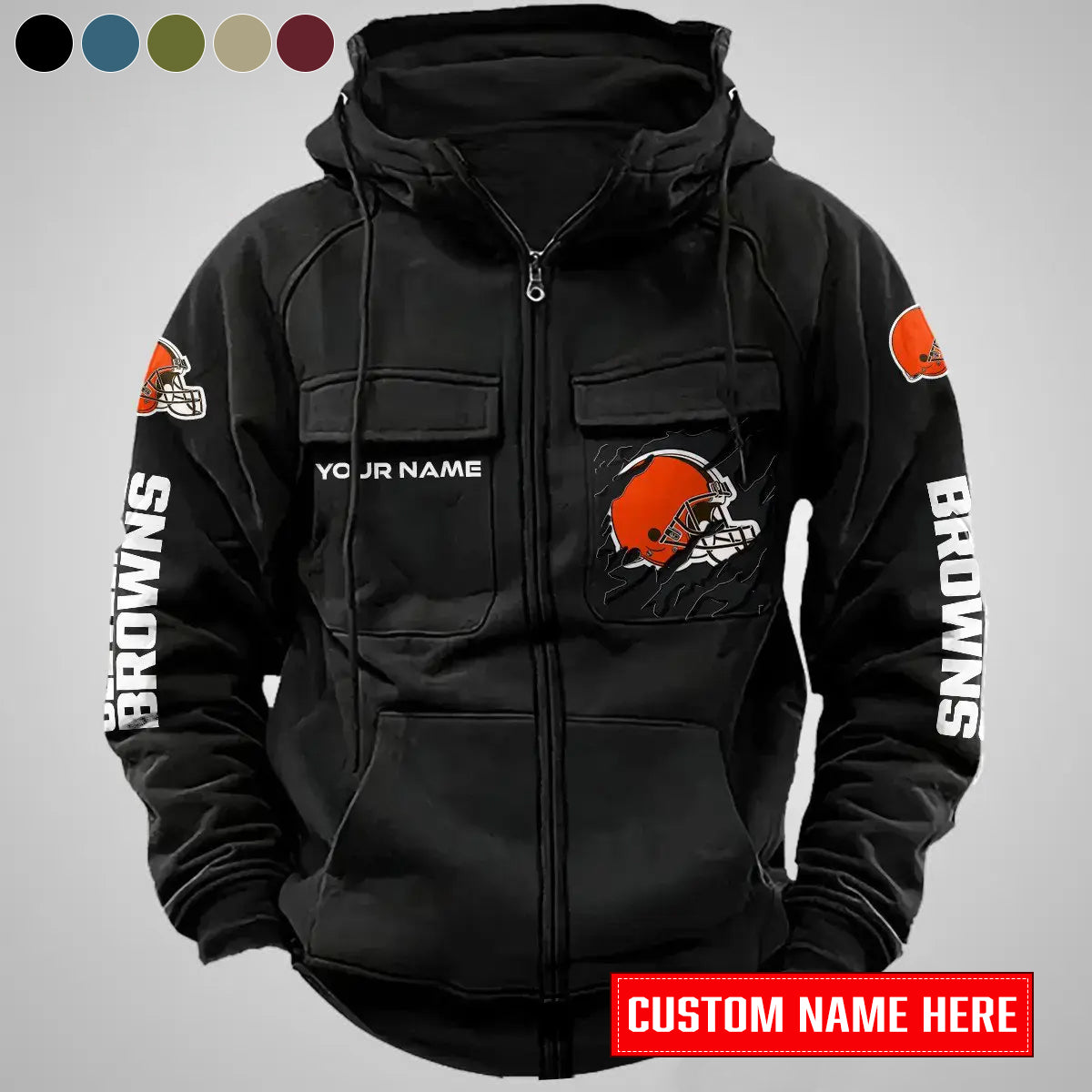 Cleveland Browns New Personalized Multi-Pockets Zip-Up Hoodie AZBTMZUHD000049
