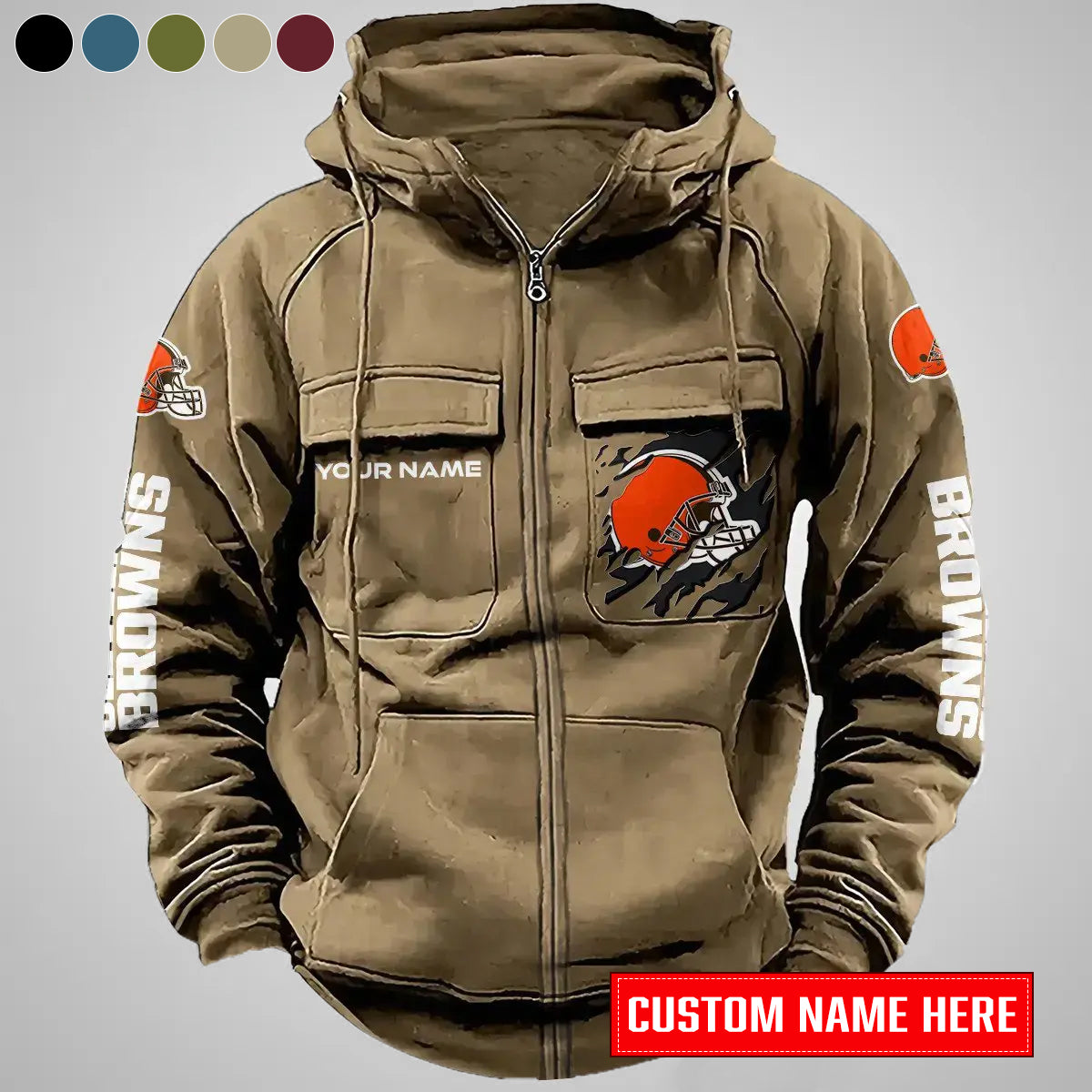 Cleveland Browns New Personalized Multi-Pockets Zip-Up Hoodie AZBTMZUHD000049