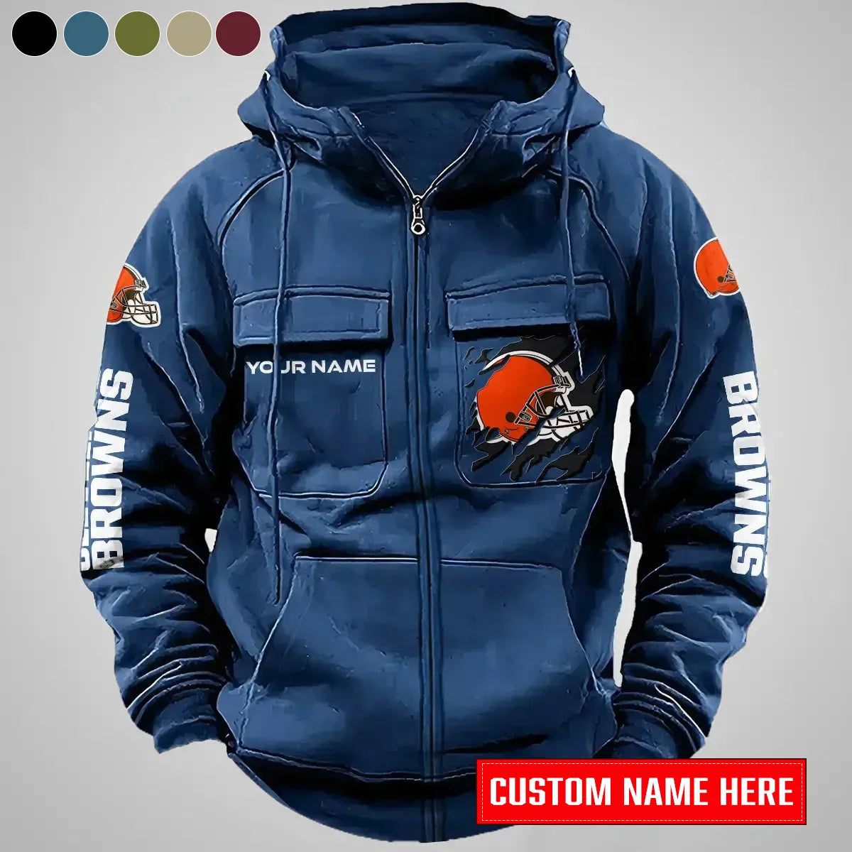 Cleveland Browns New Personalized Multi-Pockets Zip-Up Hoodie AZBTMZUHD000049