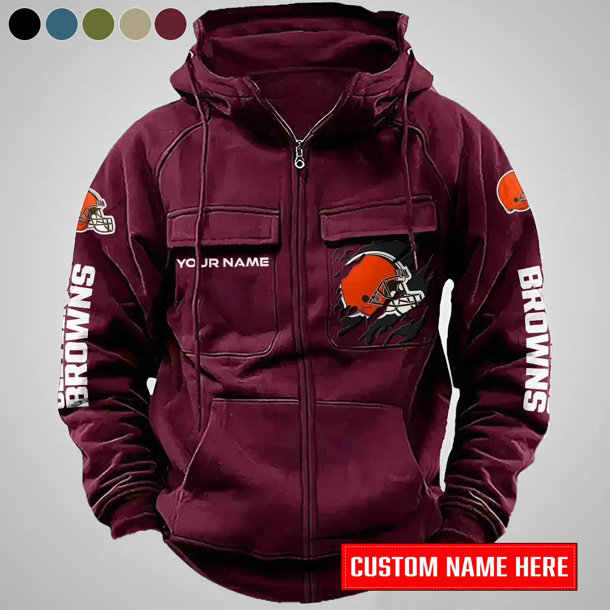 Cleveland Browns New Personalized Multi-Pockets Zip-Up Hoodie AZBTMZUHD000049