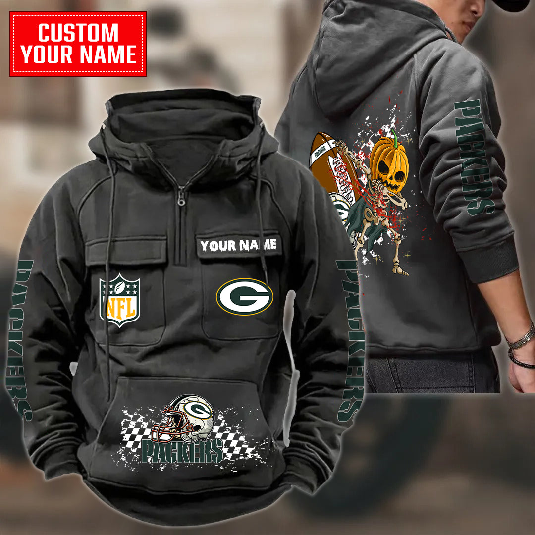 Green Bay Packers Halloween Collection Multi-Pockets Zip Hoodie AZCAMZHD000007