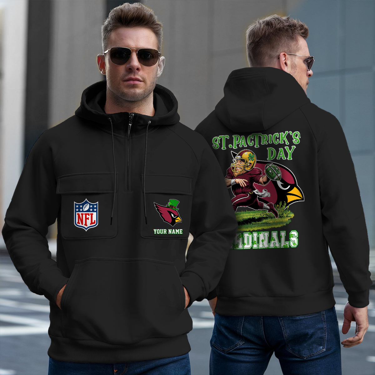 Arizona Cardinals St Patrick’s Day Collection Multi-Pockets Zip Hoodie AZCAMZHD000129