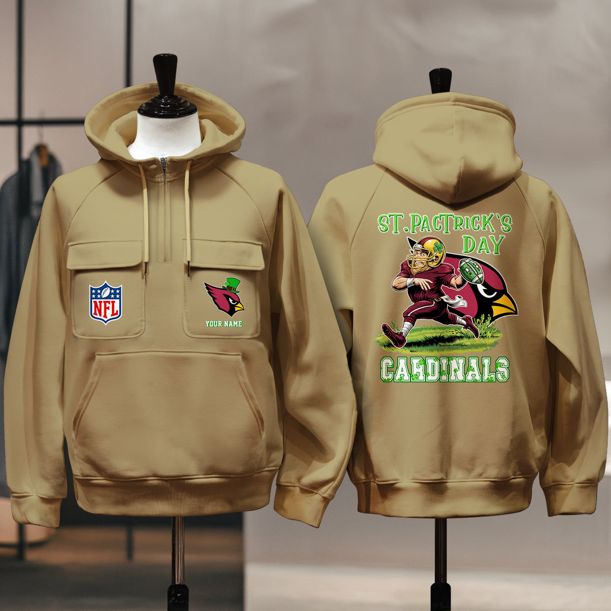 Arizona Cardinals St Patrick’s Day Collection Multi-Pockets Zip Hoodie AZCAMZHD000129
