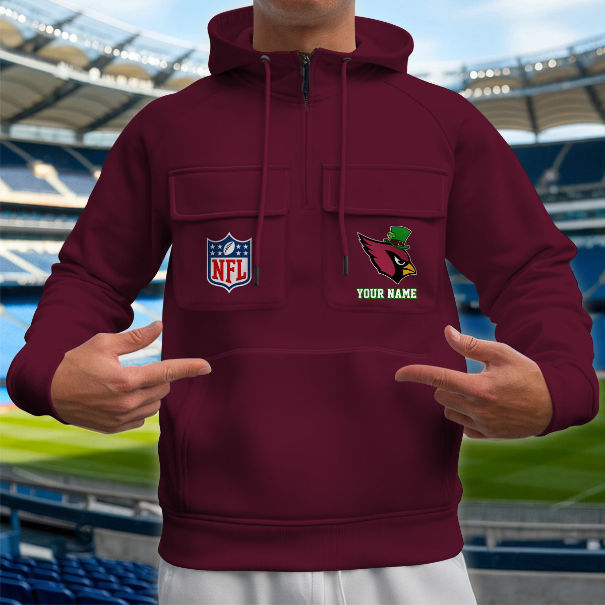 Arizona Cardinals St Patrick’s Day Collection Multi-Pockets Zip Hoodie AZCAMZHD000129
