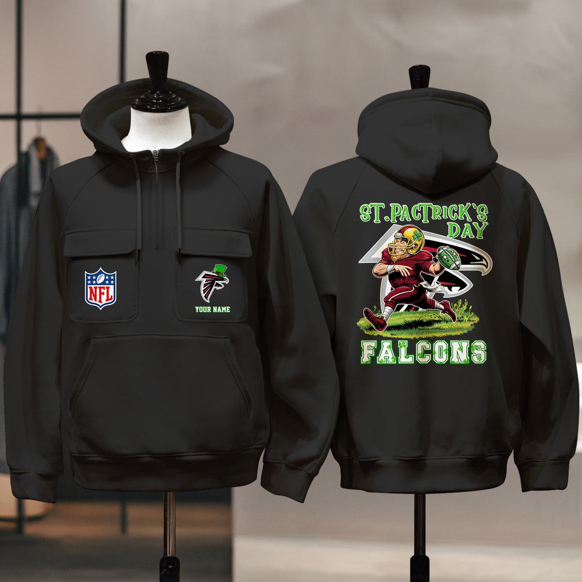 Atlanta Falcons St Patrick’s Day Collection Multi-Pockets Zip Hoodie AZCAMZHD000130