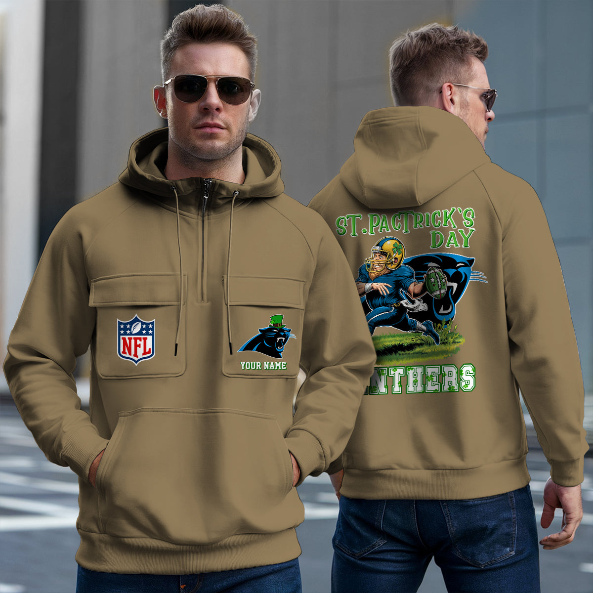 Carolina Panthers St Patrick’s Day Collection Multi-Pockets Zip Hoodie AZCAMZHD000131