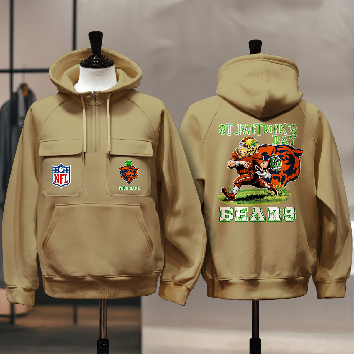 Chicago Bears St Patrick’s Day Collection Multi-Pockets Zip Hoodie AZCAMZHD000132