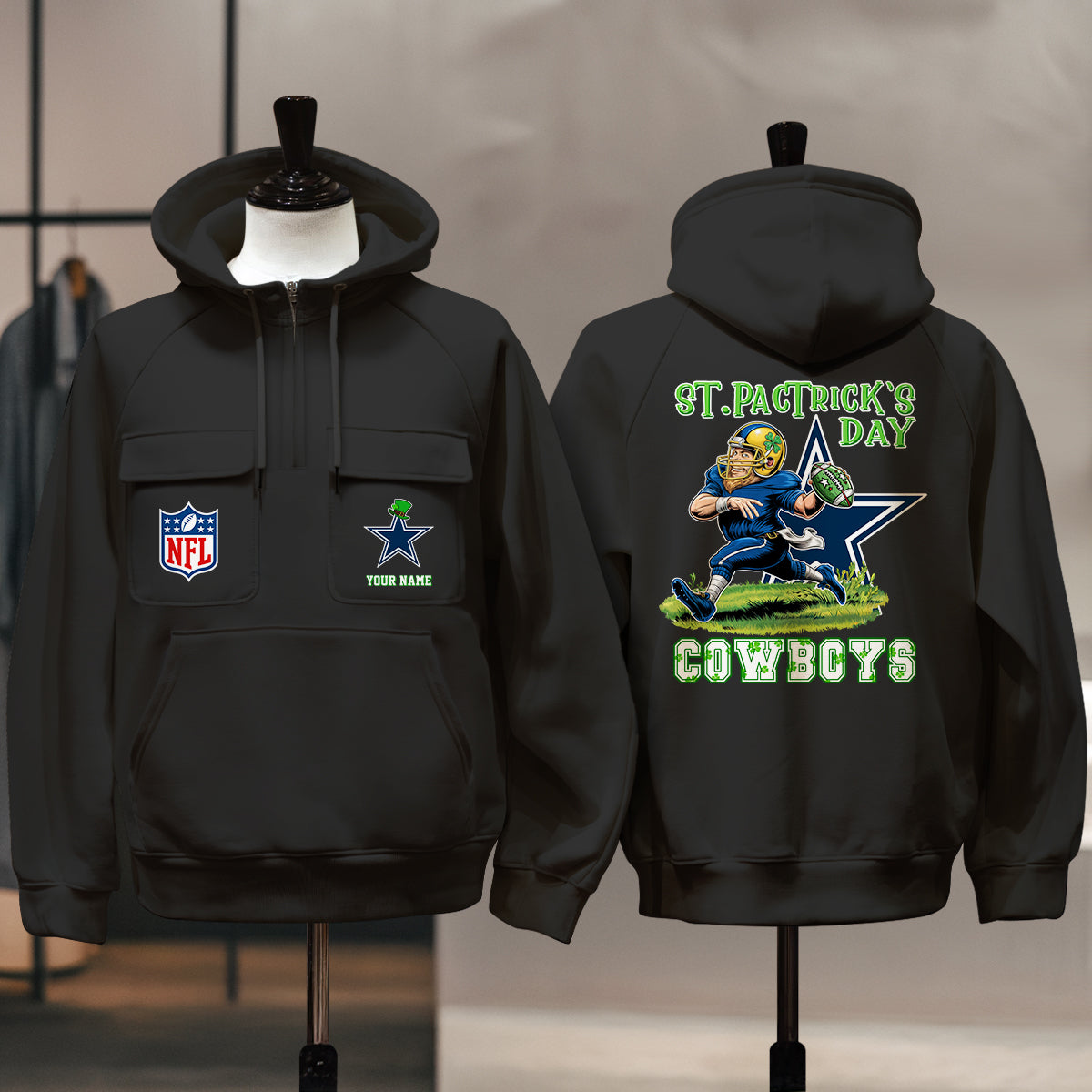 Dallas Cowboys St Patrick’s Day Collection Multi-Pockets Zip Hoodie AZCAMZHD000133
