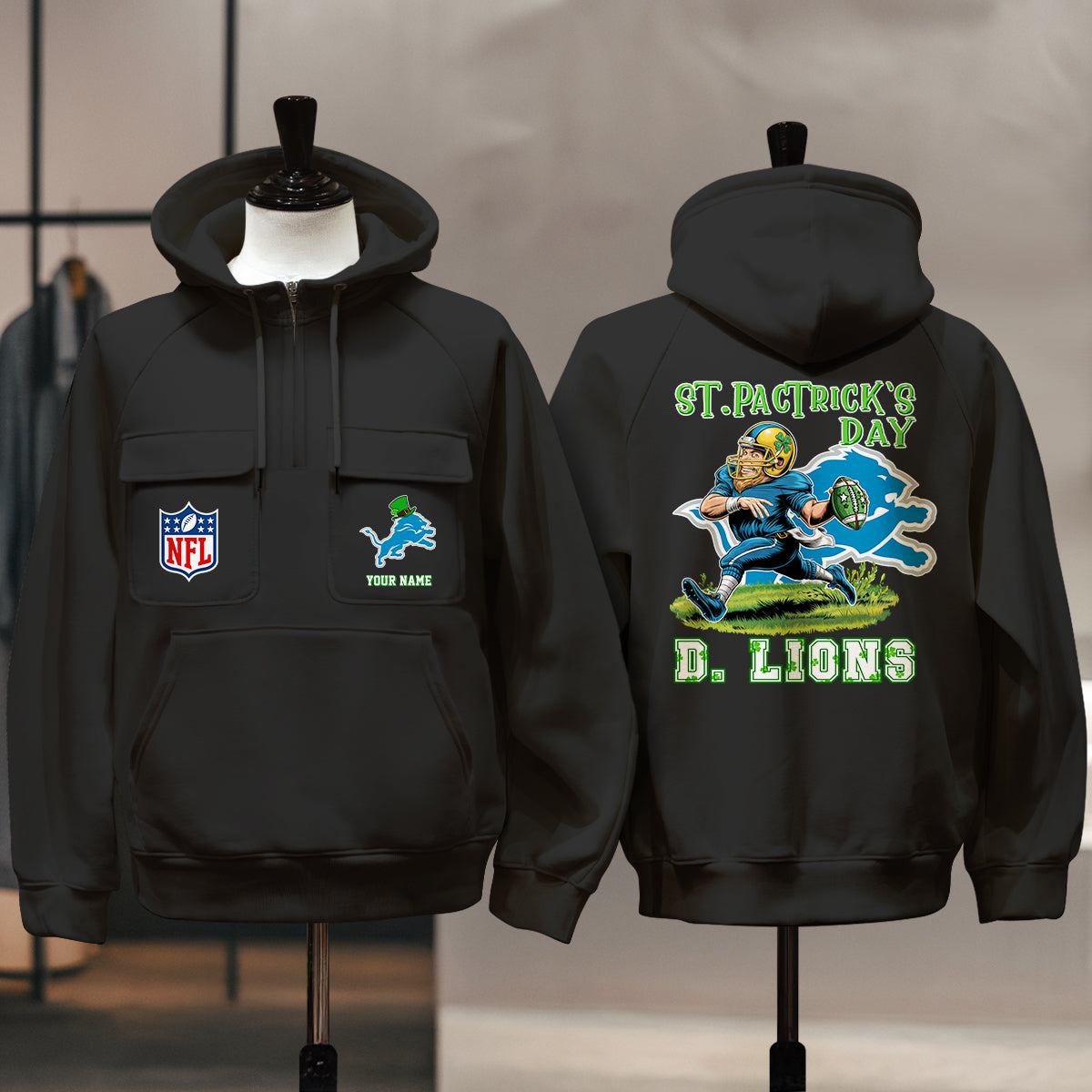 Detroit Lions St Patrick’s Day Collection Multi-Pockets Zip Hoodie AZCAMZHD000134