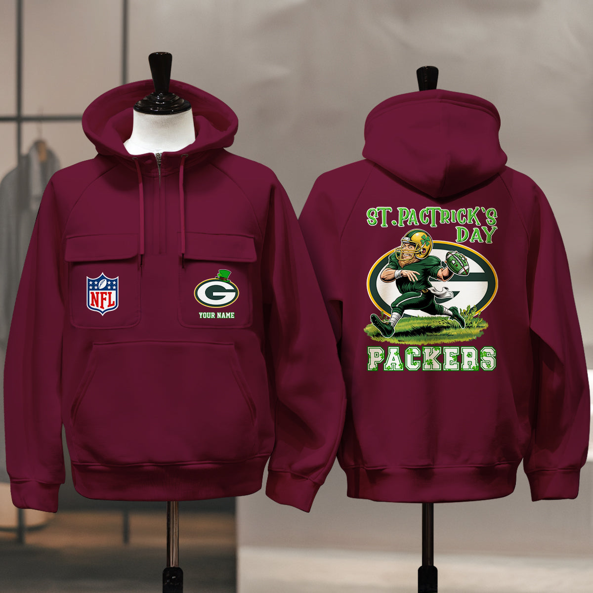 Green Bay Packers St Patrick’s Day Collection Multi-Pockets Zip Hoodie AZCAMZHD000135