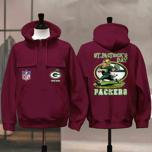 Green Bay Packers St Patrick’s Day Collection Multi-Pockets Zip Hoodie AZCAMZHD000135