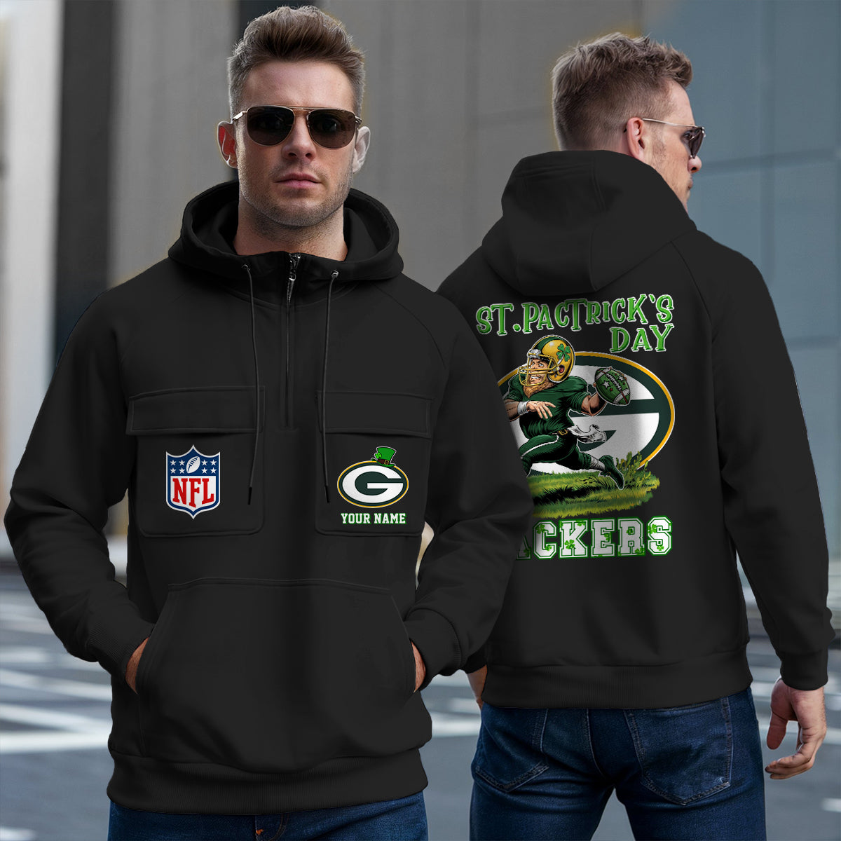 Green Bay Packers St Patrick’s Day Collection Multi-Pockets Zip Hoodie AZCAMZHD000135