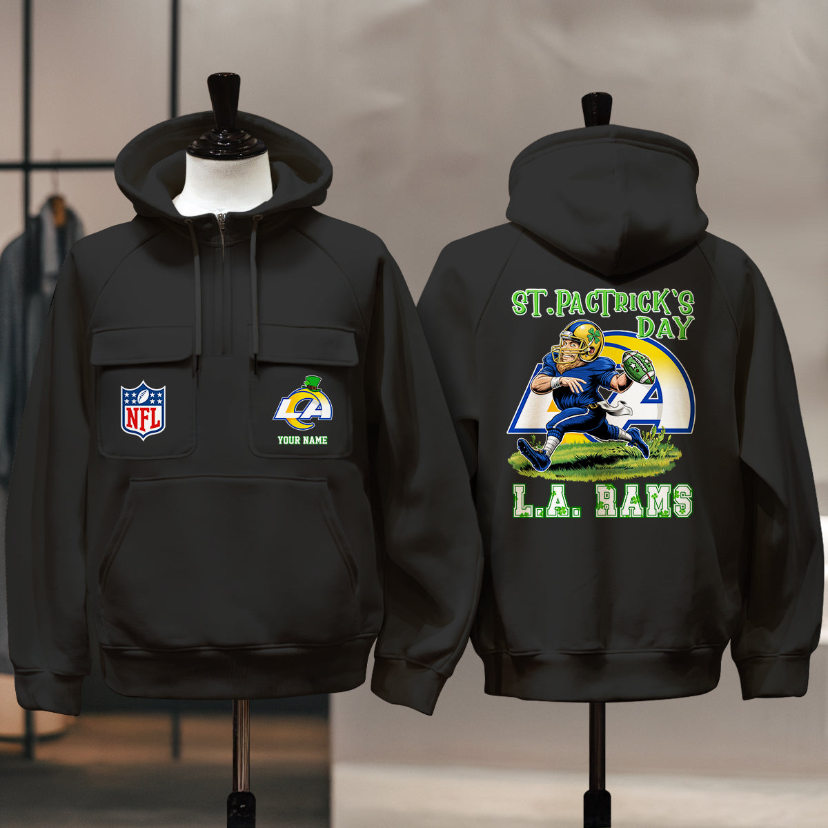 Los Angeles Rams St Patrick’s Day Collection Multi-Pockets Zip Hoodie AZCAMZHD000136