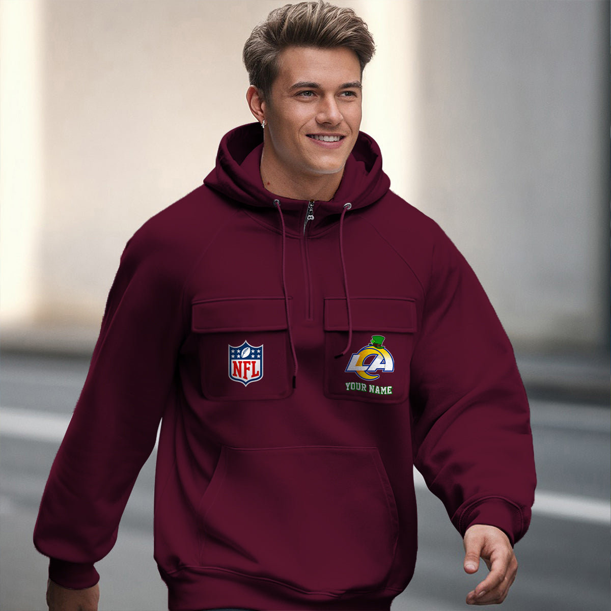 Los Angeles Rams St Patrick’s Day Collection Multi-Pockets Zip Hoodie AZCAMZHD000136