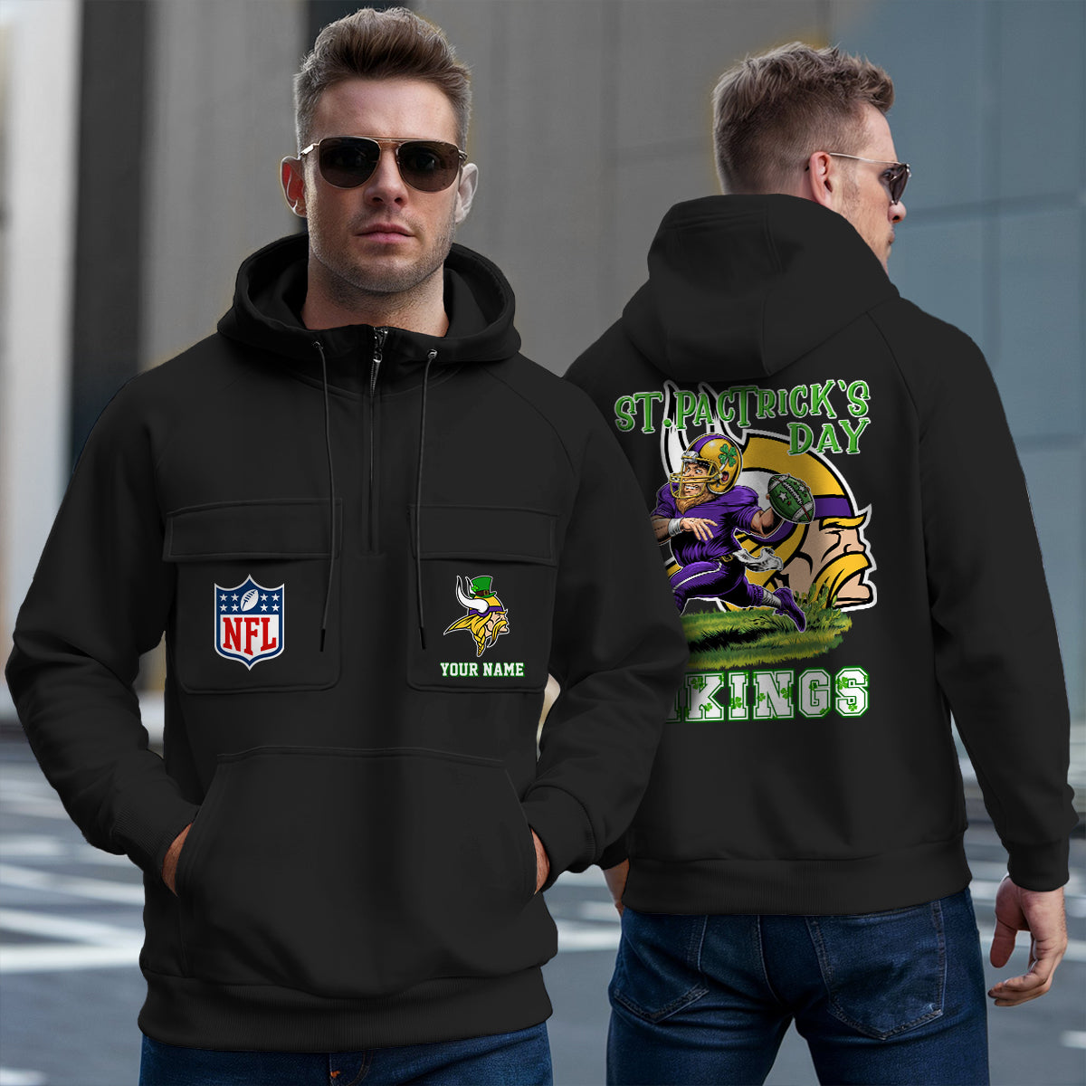 Minnesota Vikings St Patrick’s Day Collection Multi-Pockets Zip Hoodie AZCAMZHD000137