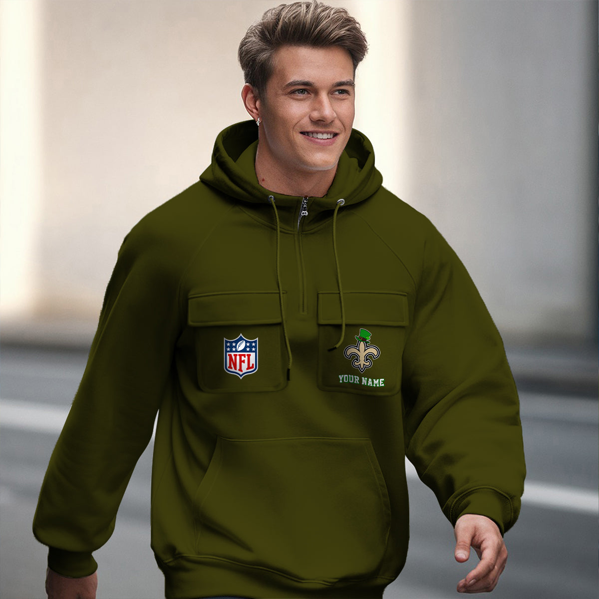 New Orleans Saints St Patrick’s Day Collection Multi-Pockets Zip Hoodie AZCAMZHD000138