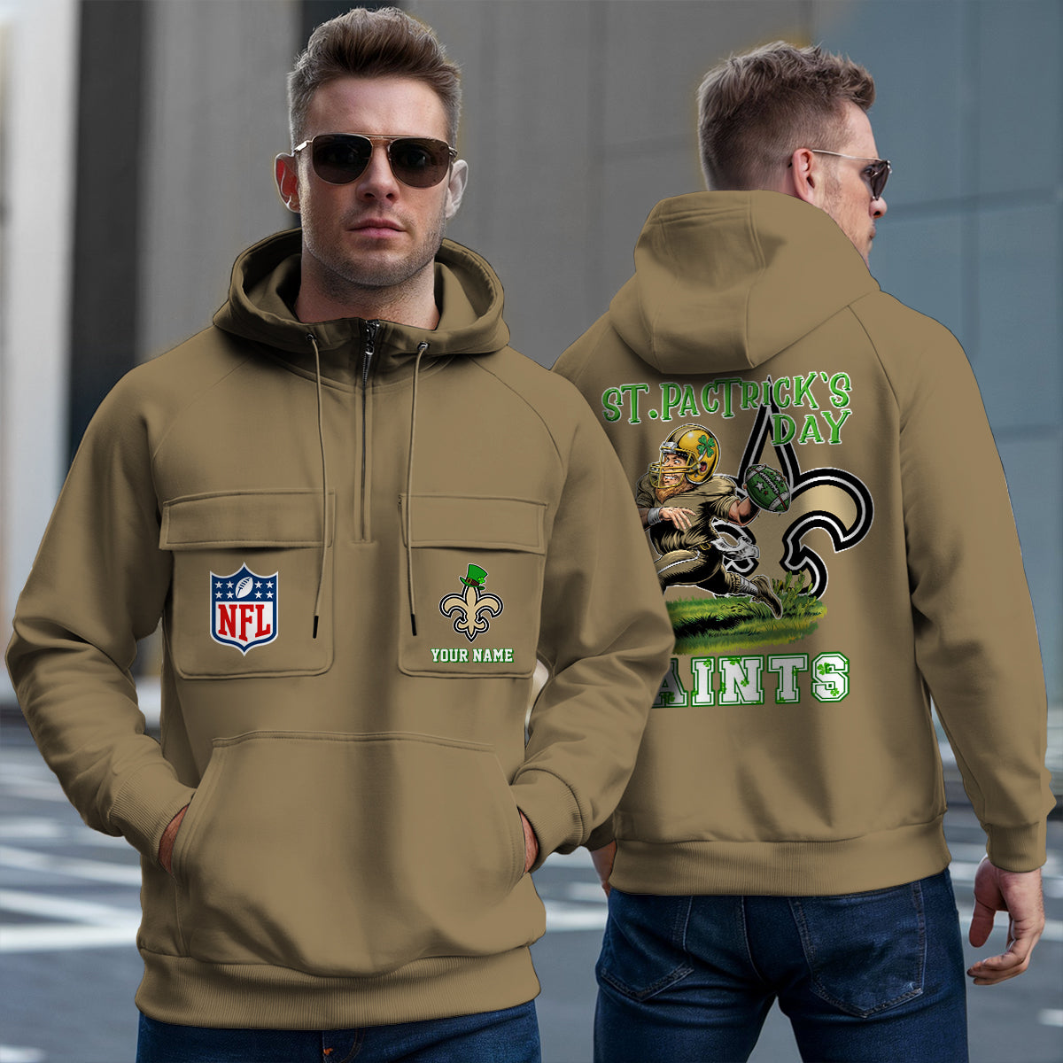 New Orleans Saints St Patrick’s Day Collection Multi-Pockets Zip Hoodie AZCAMZHD000138