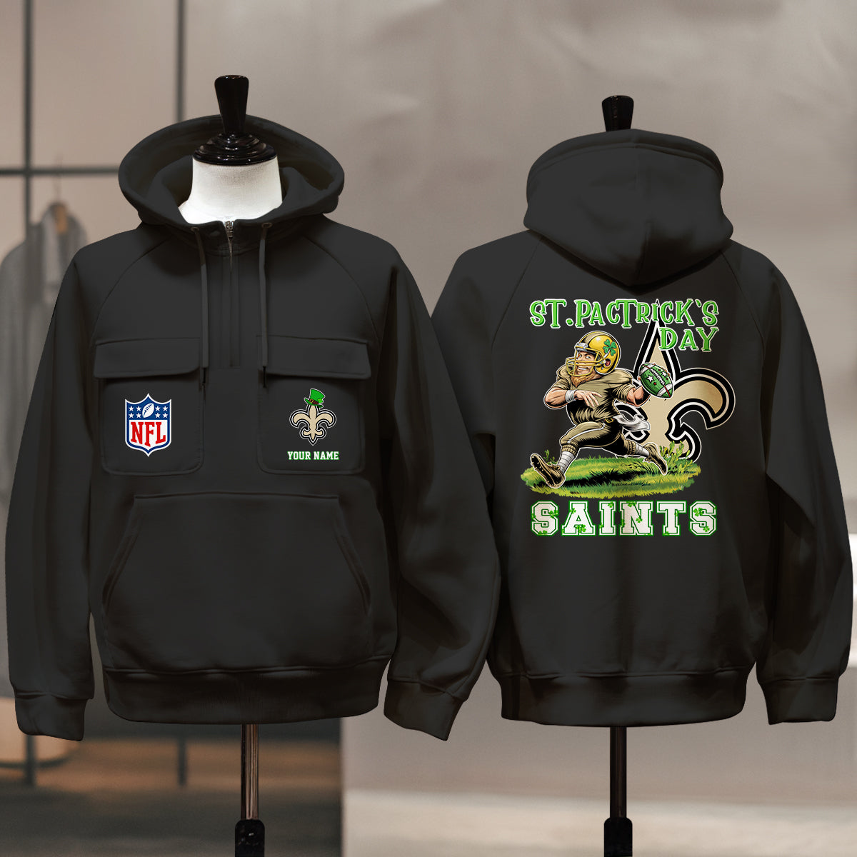 New Orleans Saints St Patrick’s Day Collection Multi-Pockets Zip Hoodie AZCAMZHD000138