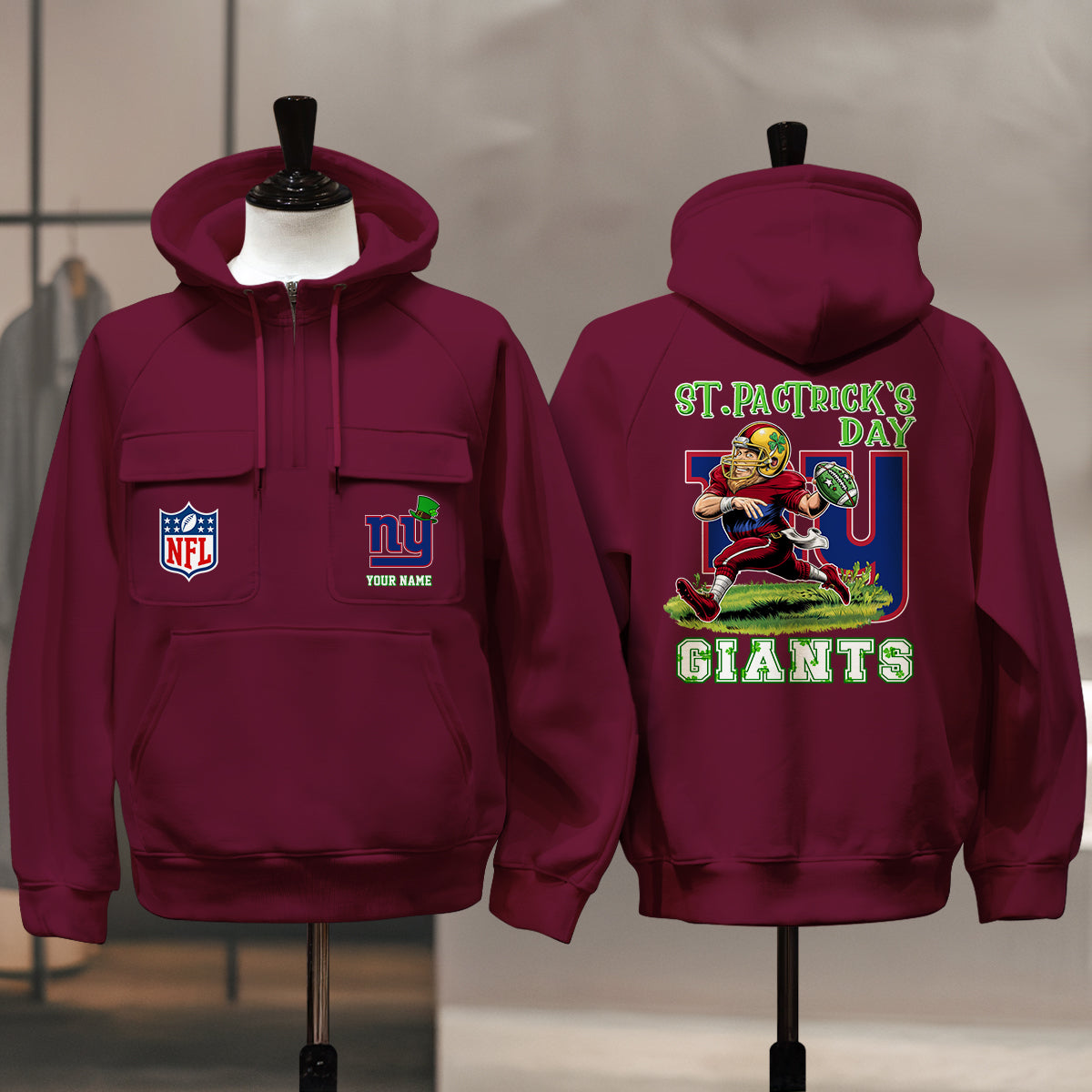 New York Giants St Patrick’s Day Collection Multi-Pockets Zip Hoodie AZCAMZHD000139